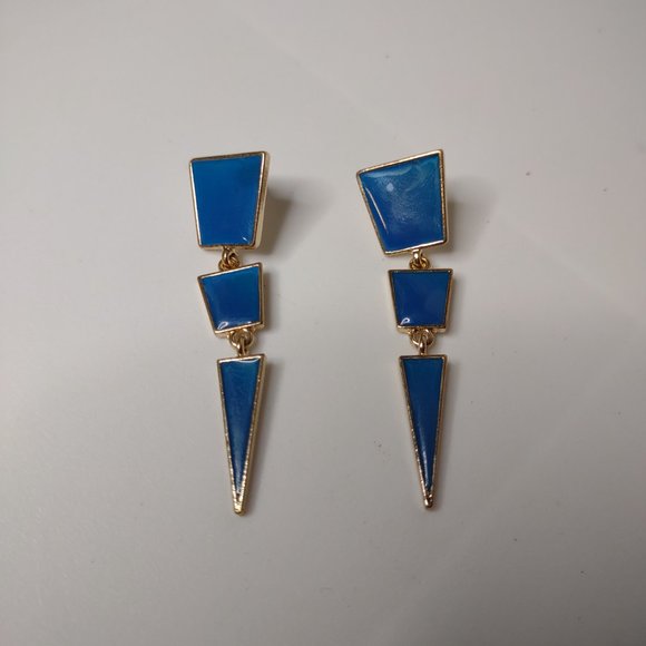 Blue And Gold Tone Metal Long Dangling Triangle Earrings - Picture 2 of 11